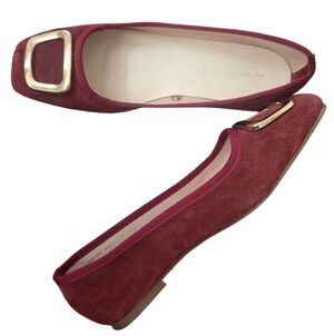 Avellini Italy Burgundy Oxblood Suede Square Toe Ballet Flats Gold Buckle 40